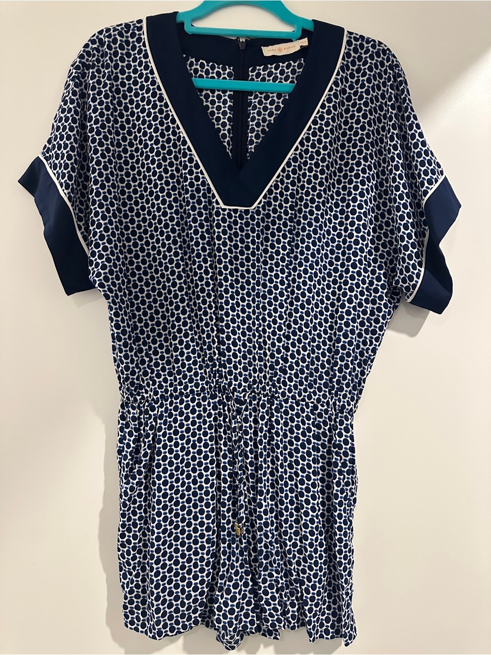 Tory Burch Navy and White Printed V-Neck Romper
